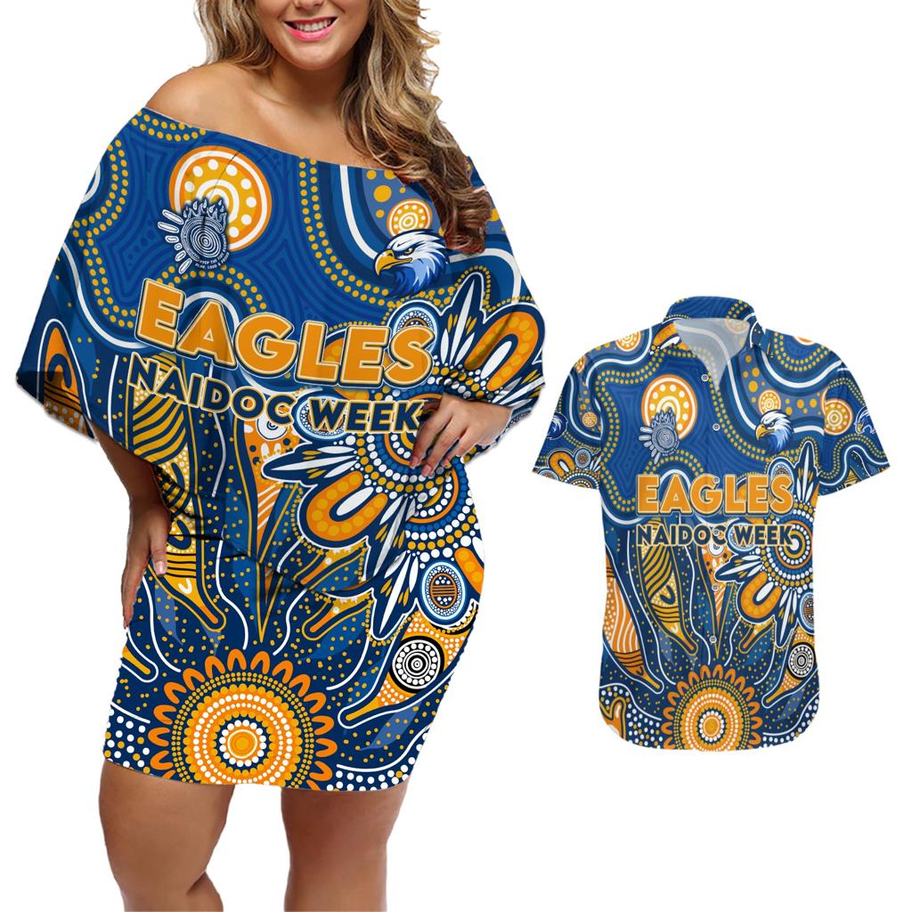 Personalised Eagles NAIDOC Week 2024 Couples Matching Off Shoulder Short Dress and Hawaiian Shirt Aussie Aboriginal Art