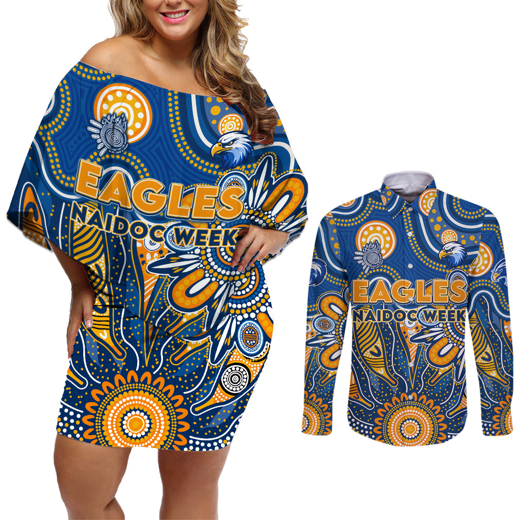 Personalised Eagles NAIDOC Week 2024 Couples Matching Off Shoulder Short Dress and Long Sleeve Button Shirt Aussie Aboriginal Art