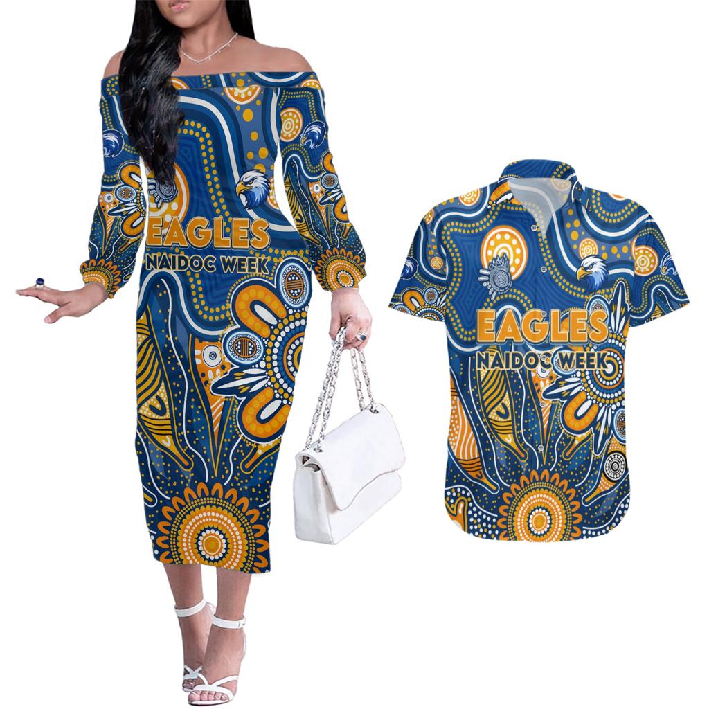 Personalised Eagles NAIDOC Week 2024 Couples Matching Off The Shoulder Long Sleeve Dress and Hawaiian Shirt Aussie Aboriginal Art