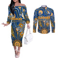 Personalised Eagles NAIDOC Week 2024 Couples Matching Off The Shoulder Long Sleeve Dress and Long Sleeve Button Shirt Aussie Aboriginal Art