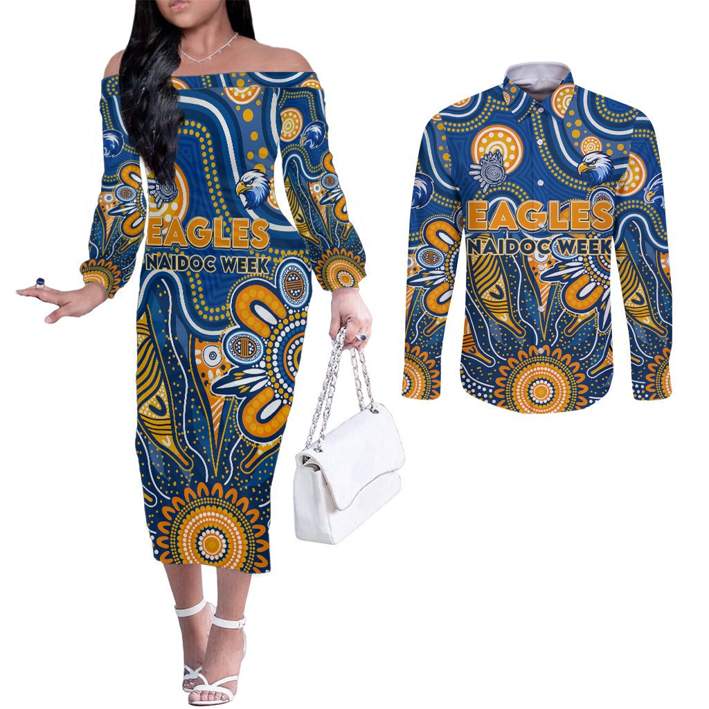 Personalised Eagles NAIDOC Week 2024 Couples Matching Off The Shoulder Long Sleeve Dress and Long Sleeve Button Shirt Aussie Aboriginal Art