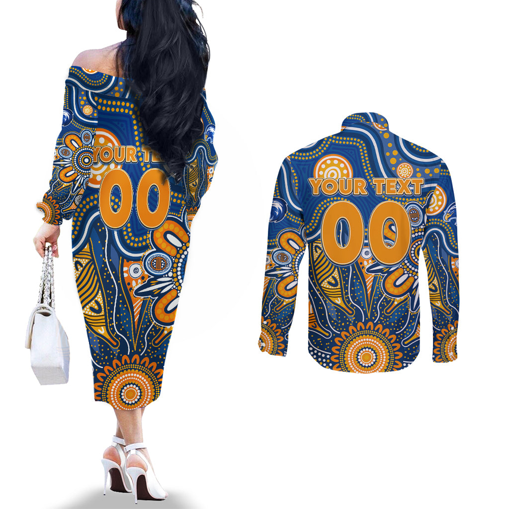 Personalised Eagles NAIDOC Week 2024 Couples Matching Off The Shoulder Long Sleeve Dress and Long Sleeve Button Shirt Aussie Aboriginal Art