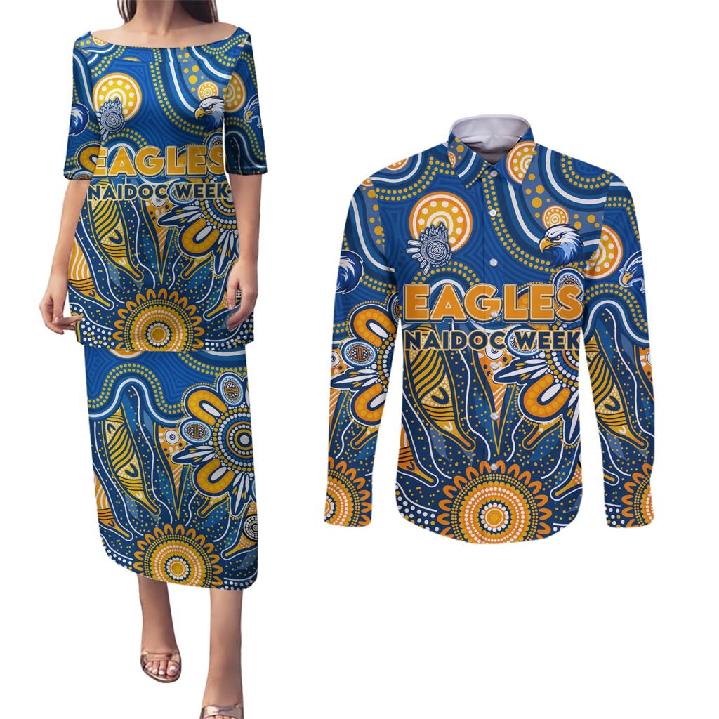 Personalised Eagles NAIDOC Week 2024 Couples Matching Puletasi and Long Sleeve Button Shirt Aussie Aboriginal Art