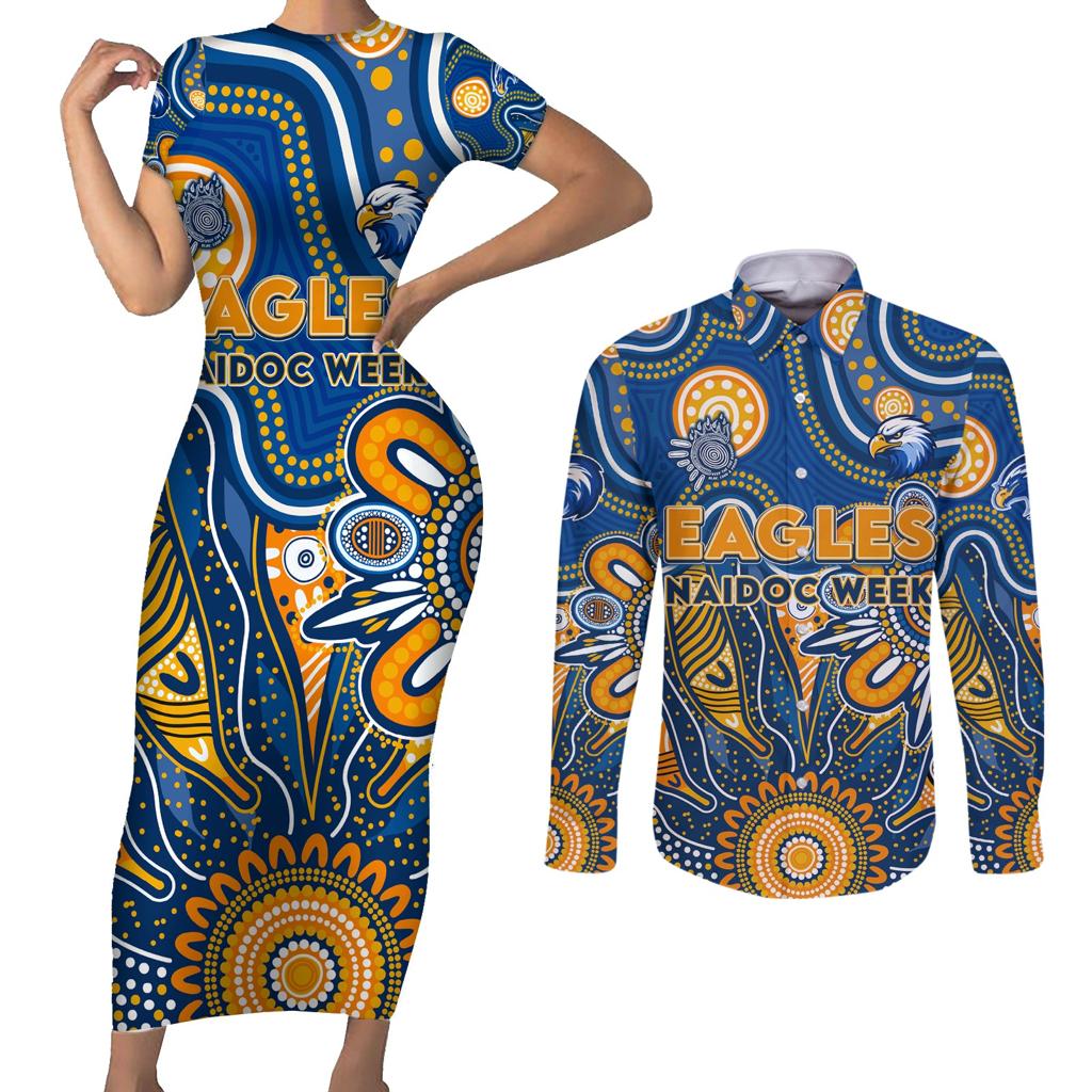Personalised Eagles NAIDOC Week 2024 Couples Matching Short Sleeve Bodycon Dress and Long Sleeve Button Shirt Aussie Aboriginal Art