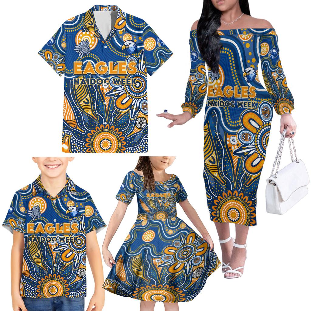 Personalised Eagles NAIDOC Week 2024 Family Matching Off The Shoulder Long Sleeve Dress and Hawaiian Shirt Aussie Aboriginal Art