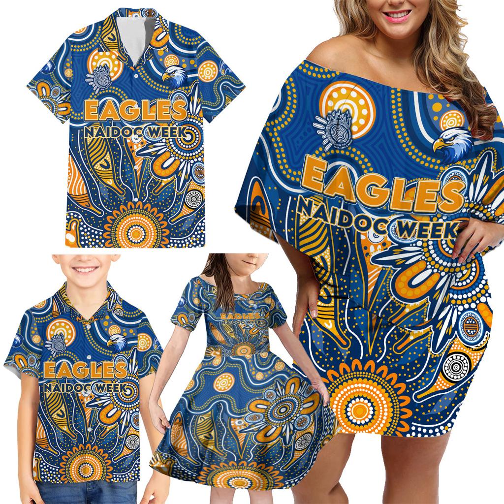 Personalised Eagles NAIDOC Week 2024 Family Matching Off Shoulder Short Dress and Hawaiian Shirt Aussie Aboriginal Art