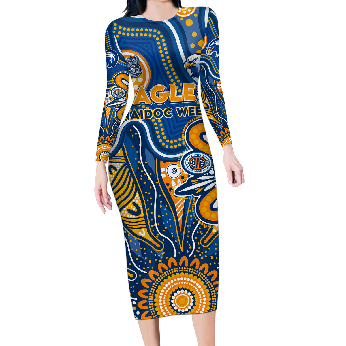 Personalised Eagles NAIDOC Week 2024 Long Sleeve Bodycon Dress Aussie Aboriginal Art