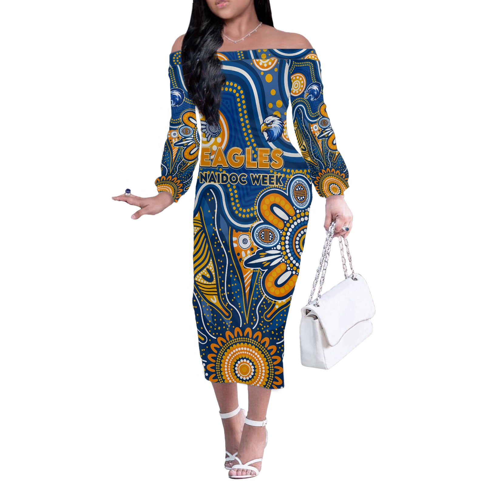 Personalised Eagles NAIDOC Week 2024 Off The Shoulder Long Sleeve Dress Aussie Aboriginal Art