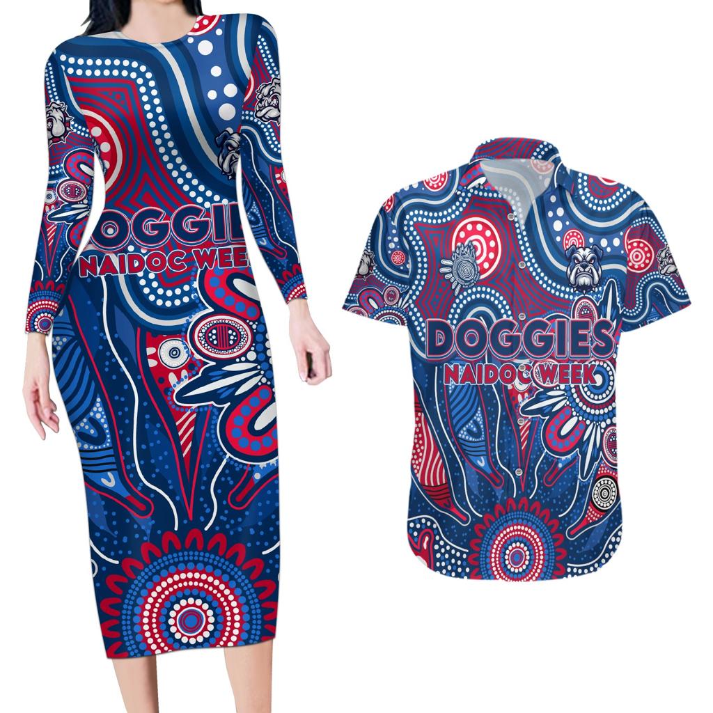 Personalised Bulldogs NAIDOC Week 2024 Couples Matching Long Sleeve Bodycon Dress and Hawaiian Shirt Aussie Aboriginal Art