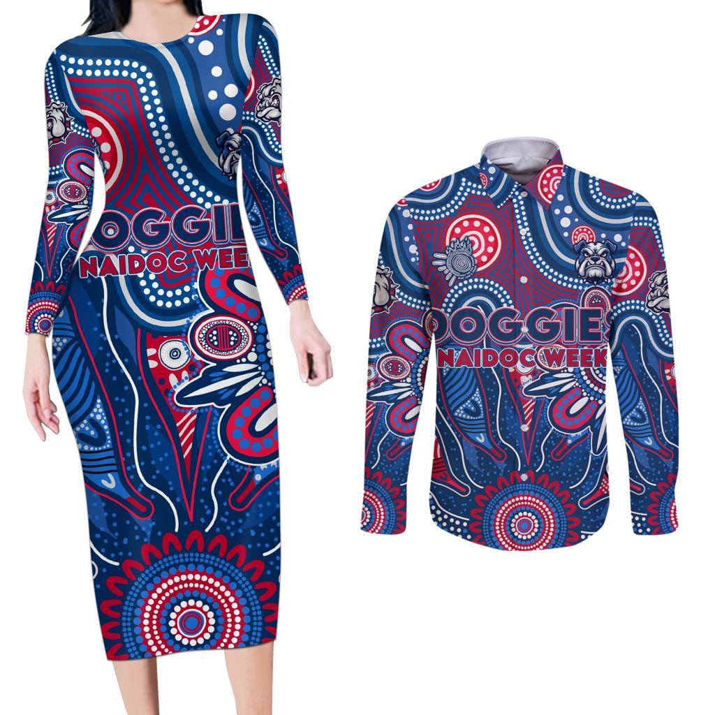 Personalised Bulldogs NAIDOC Week 2024 Couples Matching Long Sleeve Bodycon Dress and Long Sleeve Button Shirt Aussie Aboriginal Art