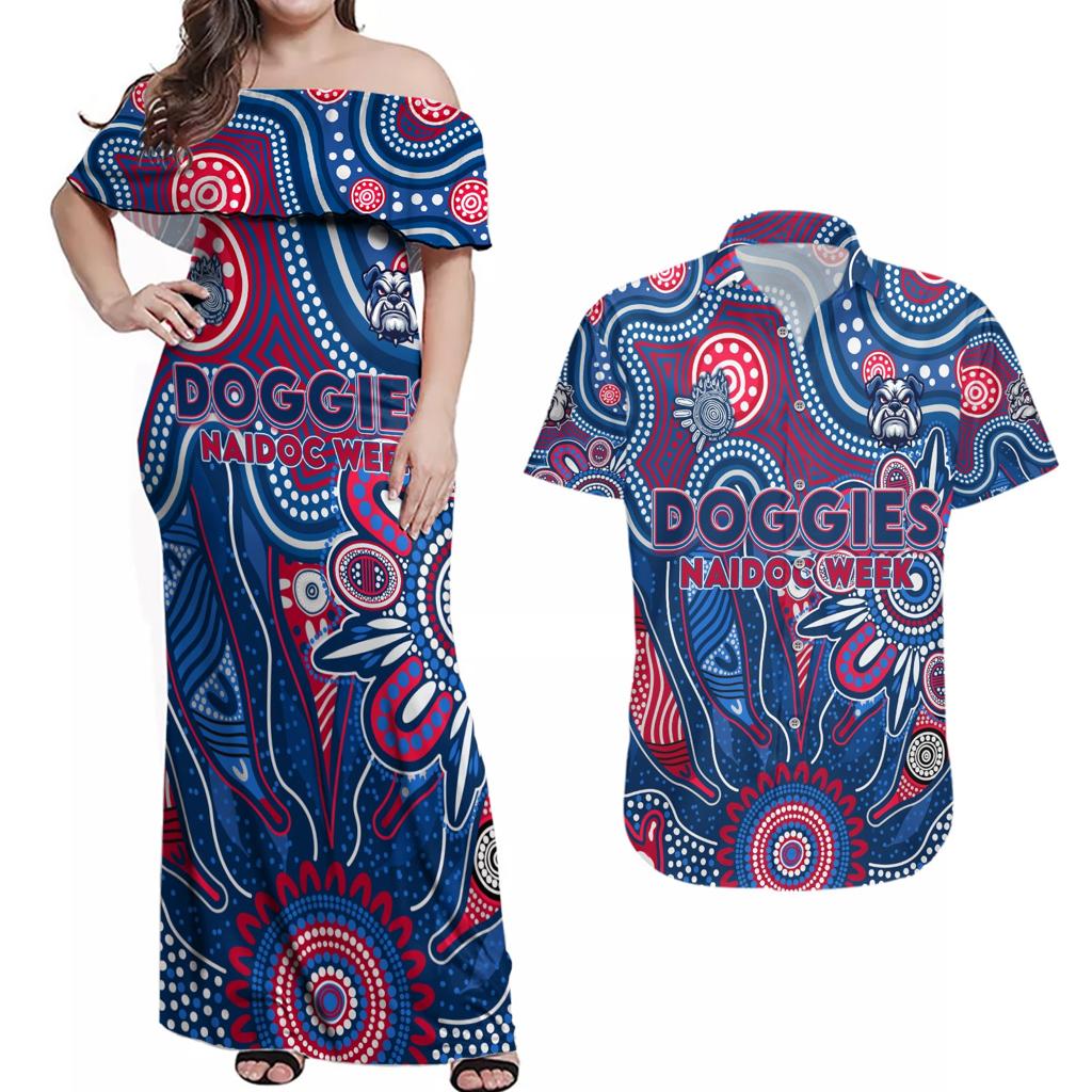 Personalised Bulldogs NAIDOC Week 2024 Couples Matching Off Shoulder Maxi Dress and Hawaiian Shirt Aussie Aboriginal Art