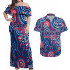 Personalised Bulldogs NAIDOC Week 2024 Couples Matching Off Shoulder Maxi Dress and Hawaiian Shirt Aussie Aboriginal Art