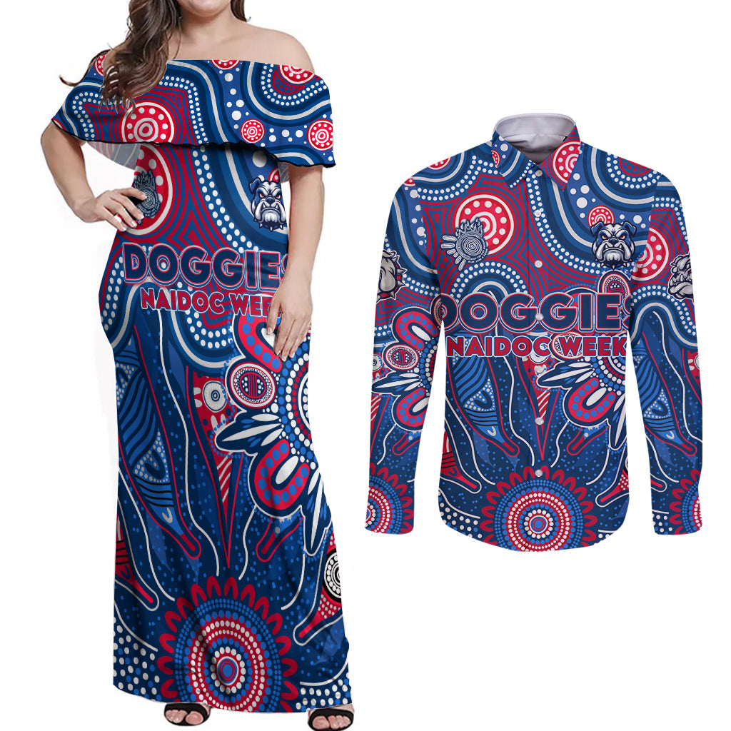 Personalised Bulldogs NAIDOC Week 2024 Couples Matching Off Shoulder Maxi Dress and Long Sleeve Button Shirt Aussie Aboriginal Art