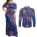 Personalised Bulldogs NAIDOC Week 2024 Couples Matching Off Shoulder Maxi Dress and Long Sleeve Button Shirt Aussie Aboriginal Art