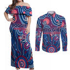 Personalised Bulldogs NAIDOC Week 2024 Couples Matching Off Shoulder Maxi Dress and Long Sleeve Button Shirt Aussie Aboriginal Art