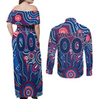 Personalised Bulldogs NAIDOC Week 2024 Couples Matching Off Shoulder Maxi Dress and Long Sleeve Button Shirt Aussie Aboriginal Art