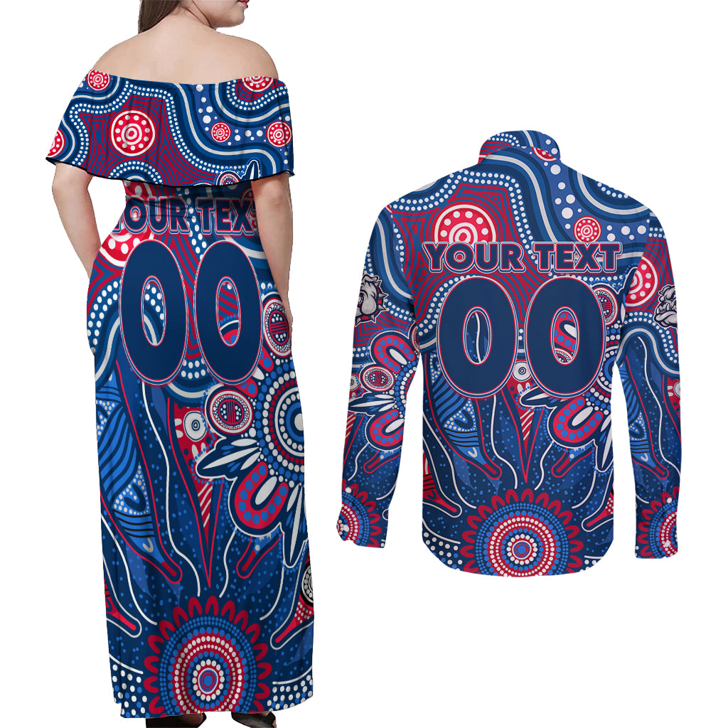 Personalised Bulldogs NAIDOC Week 2024 Couples Matching Off Shoulder Maxi Dress and Long Sleeve Button Shirt Aussie Aboriginal Art