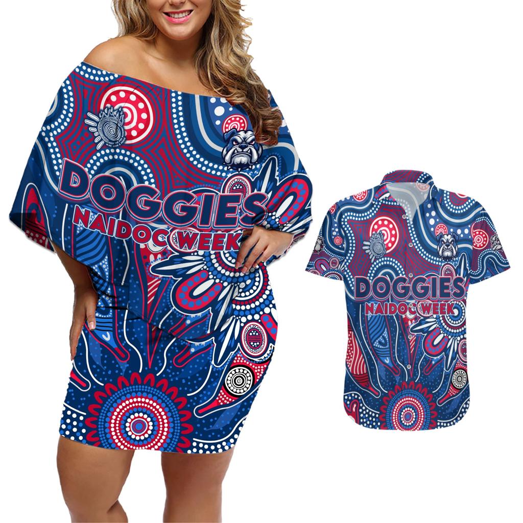 Personalised Bulldogs NAIDOC Week 2024 Couples Matching Off Shoulder Short Dress and Hawaiian Shirt Aussie Aboriginal Art