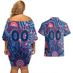 Personalised Bulldogs NAIDOC Week 2024 Couples Matching Off Shoulder Short Dress and Hawaiian Shirt Aussie Aboriginal Art