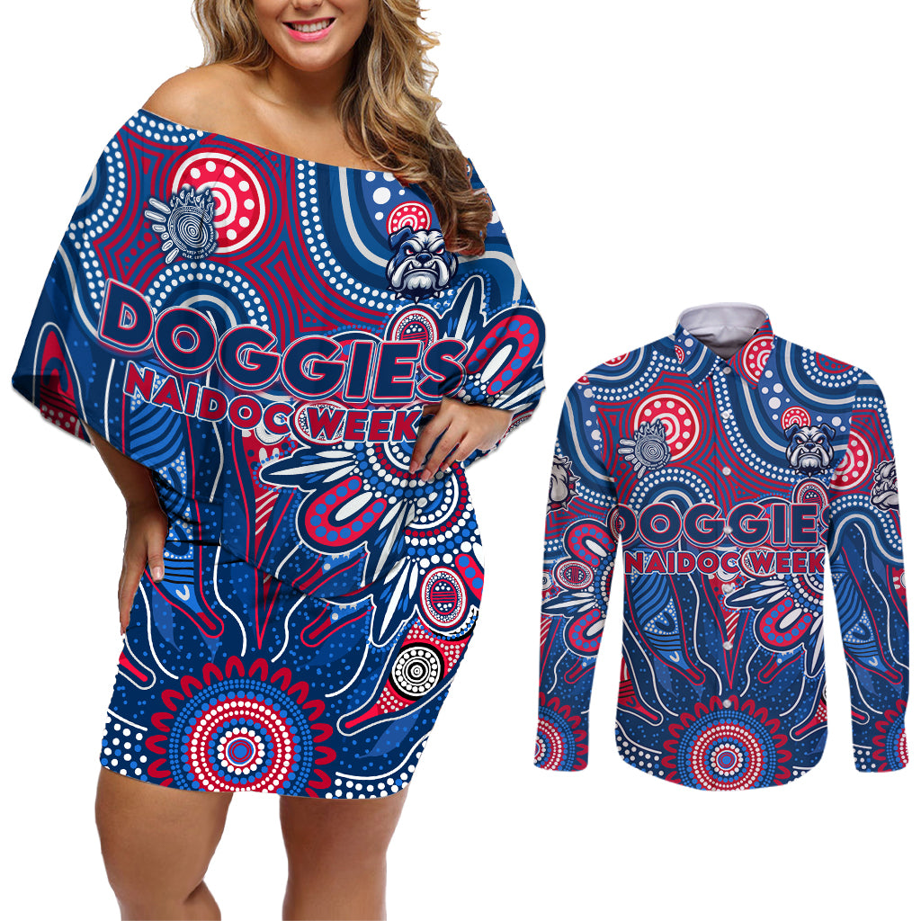 Personalised Bulldogs NAIDOC Week 2024 Couples Matching Off Shoulder Short Dress and Long Sleeve Button Shirt Aussie Aboriginal Art