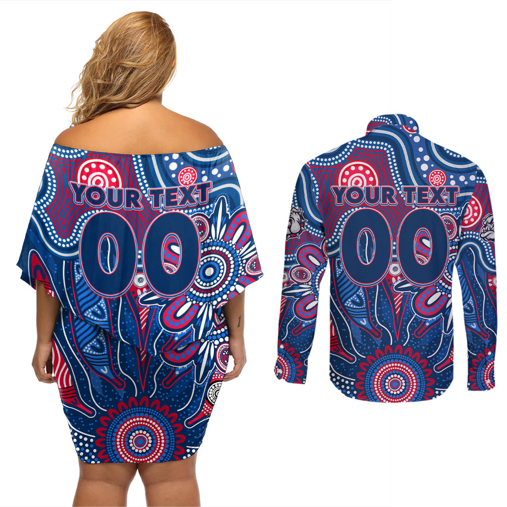 Personalised Bulldogs NAIDOC Week 2024 Couples Matching Off Shoulder Short Dress and Long Sleeve Button Shirt Aussie Aboriginal Art