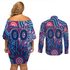 Personalised Bulldogs NAIDOC Week 2024 Couples Matching Off Shoulder Short Dress and Long Sleeve Button Shirt Aussie Aboriginal Art