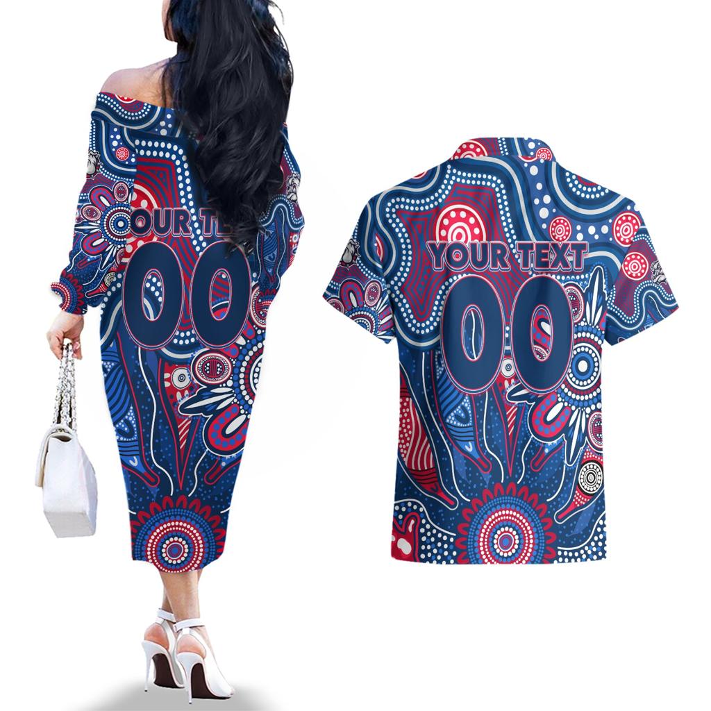Personalised Bulldogs NAIDOC Week 2024 Couples Matching Off The Shoulder Long Sleeve Dress and Hawaiian Shirt Aussie Aboriginal Art