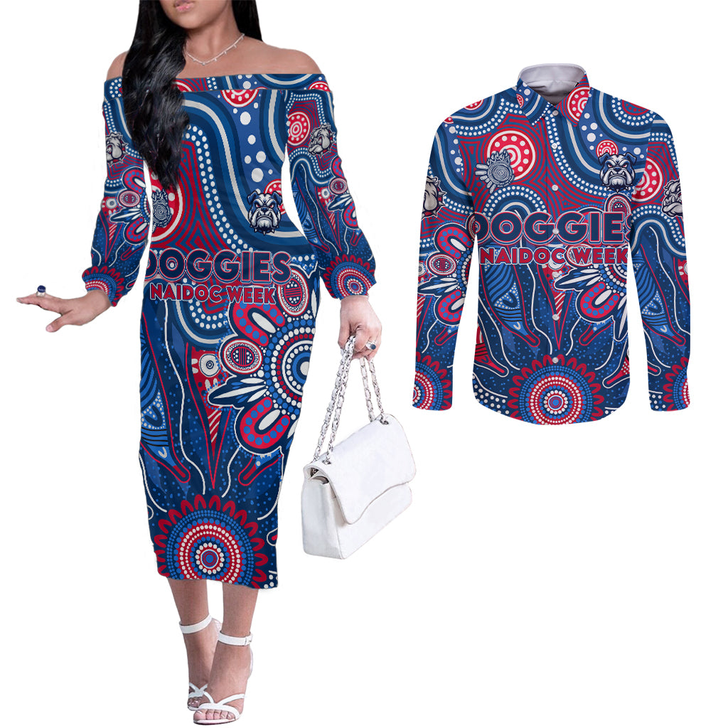 Personalised Bulldogs NAIDOC Week 2024 Couples Matching Off The Shoulder Long Sleeve Dress and Long Sleeve Button Shirt Aussie Aboriginal Art