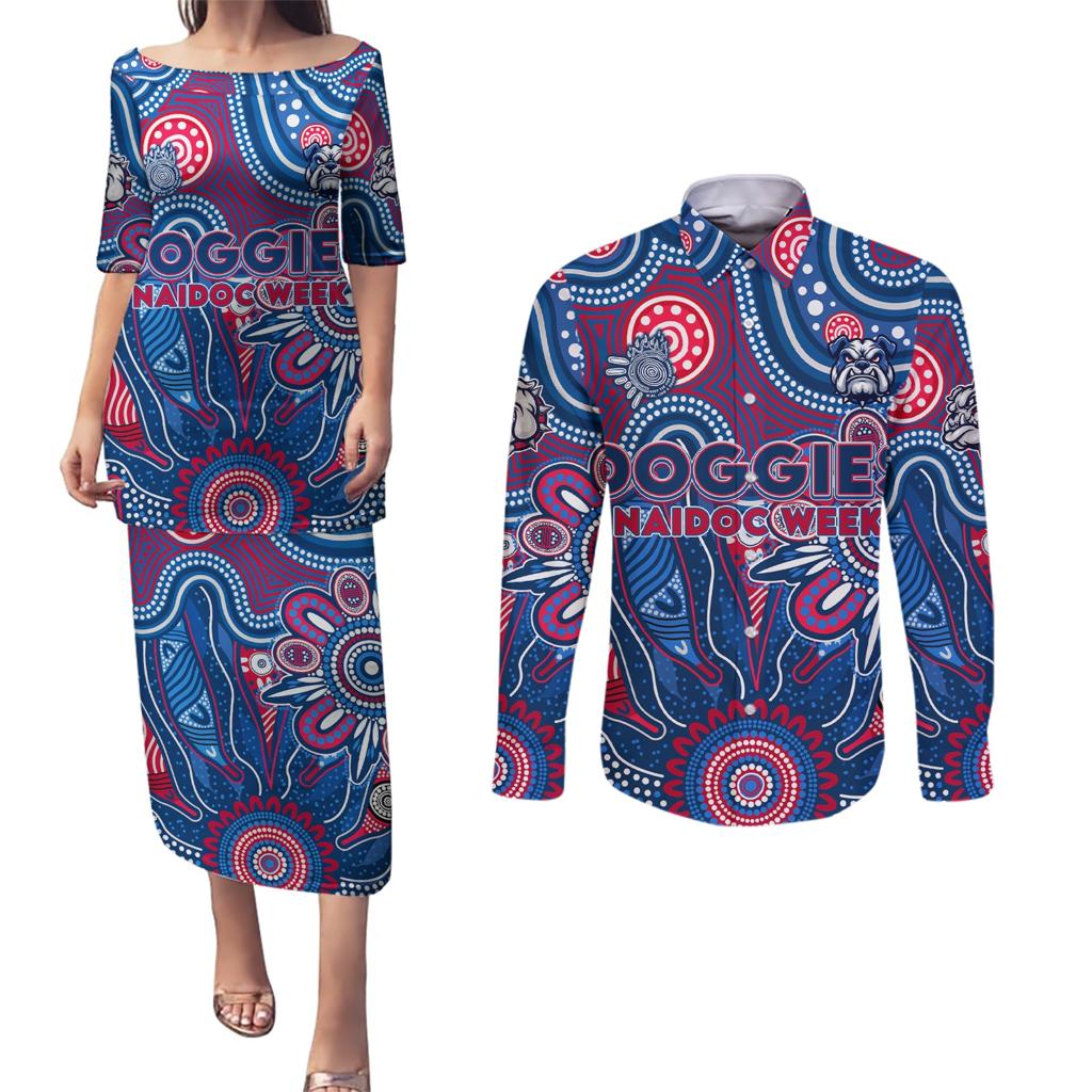 Personalised Bulldogs NAIDOC Week 2024 Couples Matching Puletasi and Long Sleeve Button Shirt Aussie Aboriginal Art