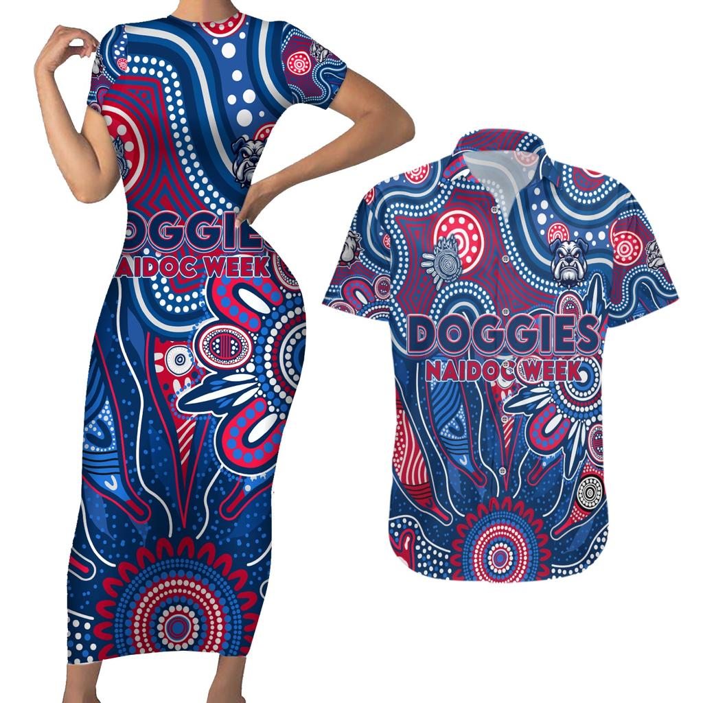 Personalised Bulldogs NAIDOC Week 2024 Couples Matching Short Sleeve Bodycon Dress and Hawaiian Shirt Aussie Aboriginal Art