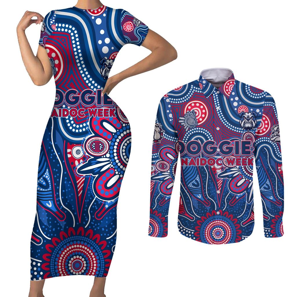 Personalised Bulldogs NAIDOC Week 2024 Couples Matching Short Sleeve Bodycon Dress and Long Sleeve Button Shirt Aussie Aboriginal Art