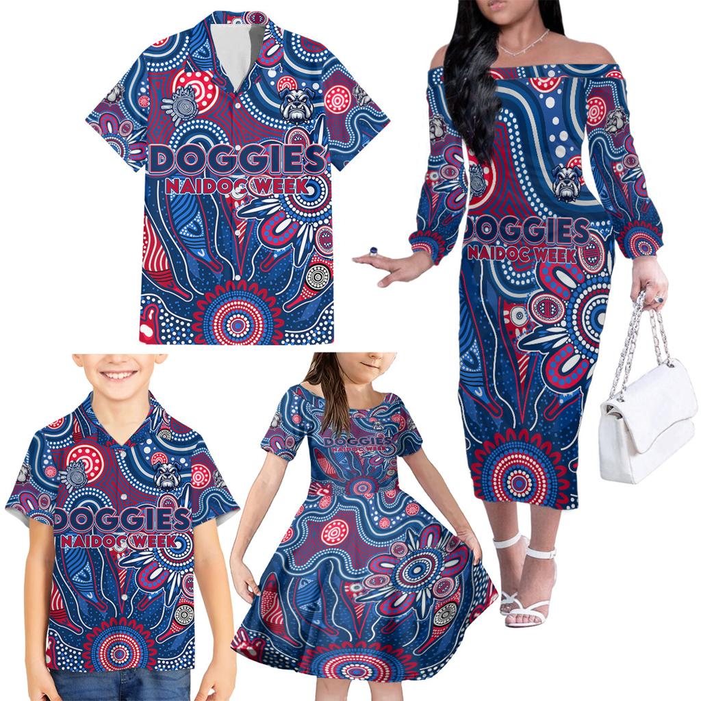 Personalised Bulldogs NAIDOC Week 2024 Family Matching Off The Shoulder Long Sleeve Dress and Hawaiian Shirt Aussie Aboriginal Art
