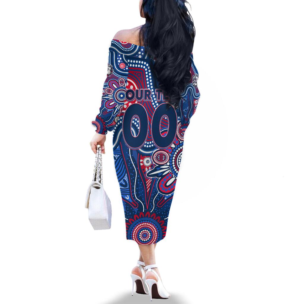 Personalised Bulldogs NAIDOC Week 2024 Family Matching Off The Shoulder Long Sleeve Dress and Hawaiian Shirt Aussie Aboriginal Art