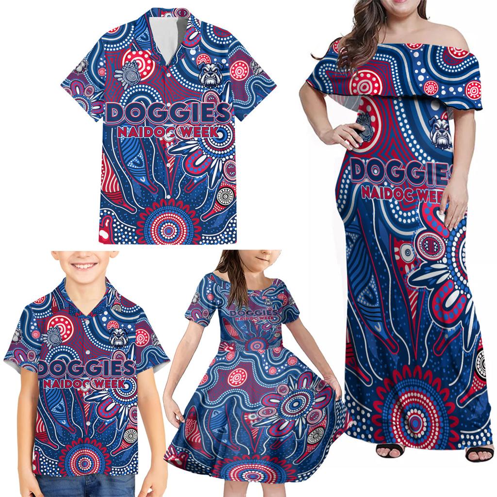 Personalised Bulldogs NAIDOC Week 2024 Family Matching Off Shoulder Maxi Dress and Hawaiian Shirt Aussie Aboriginal Art