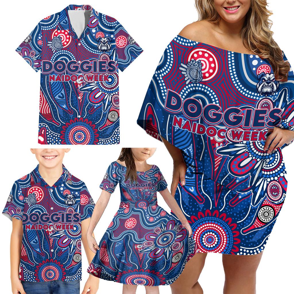 Personalised Bulldogs NAIDOC Week 2024 Family Matching Off Shoulder Short Dress and Hawaiian Shirt Aussie Aboriginal Art