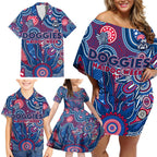 Personalised Bulldogs NAIDOC Week 2024 Family Matching Off Shoulder Short Dress and Hawaiian Shirt Aussie Aboriginal Art