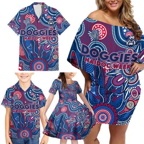 Personalised Bulldogs NAIDOC Week 2024 Family Matching Off Shoulder Short Dress and Hawaiian Shirt Aussie Aboriginal Art