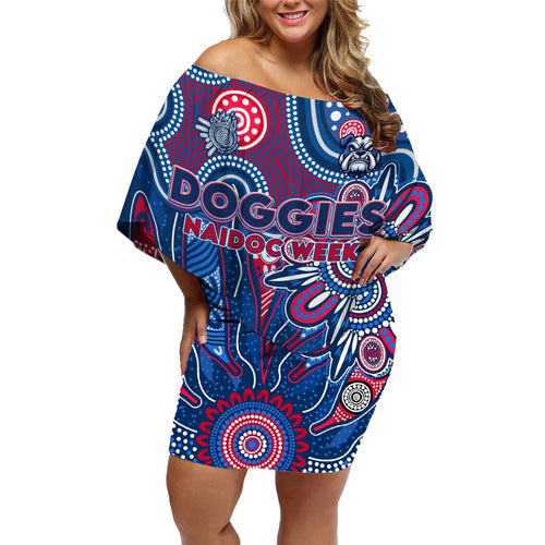 Personalised Bulldogs NAIDOC Week 2024 Family Matching Off Shoulder Short Dress and Hawaiian Shirt Aussie Aboriginal Art