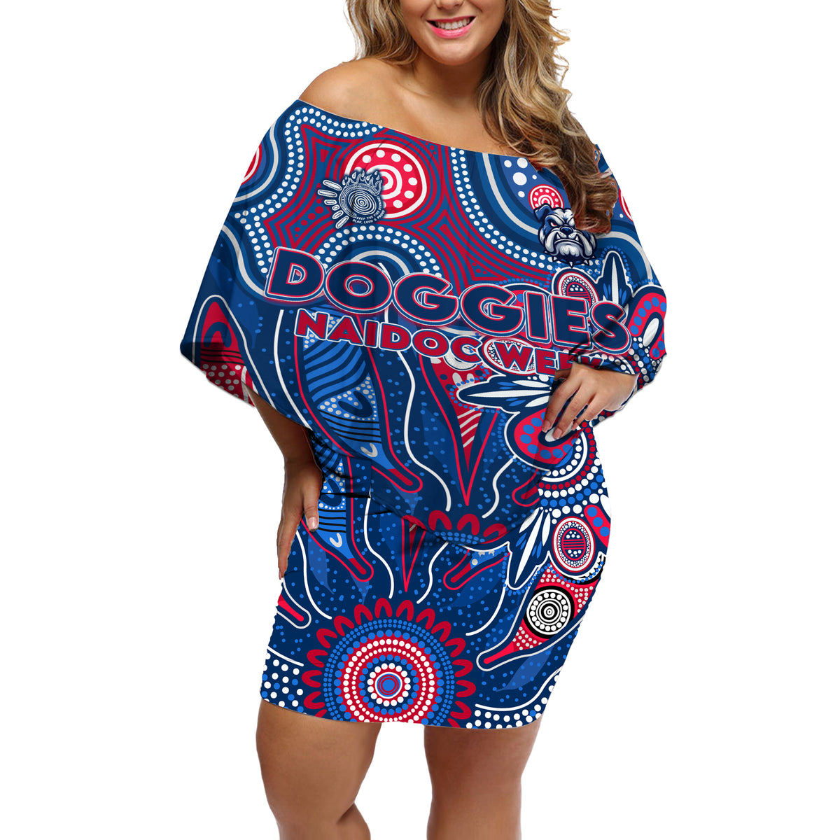 Personalised Bulldogs NAIDOC Week 2024 Off Shoulder Short Dress Aussie Aboriginal Art