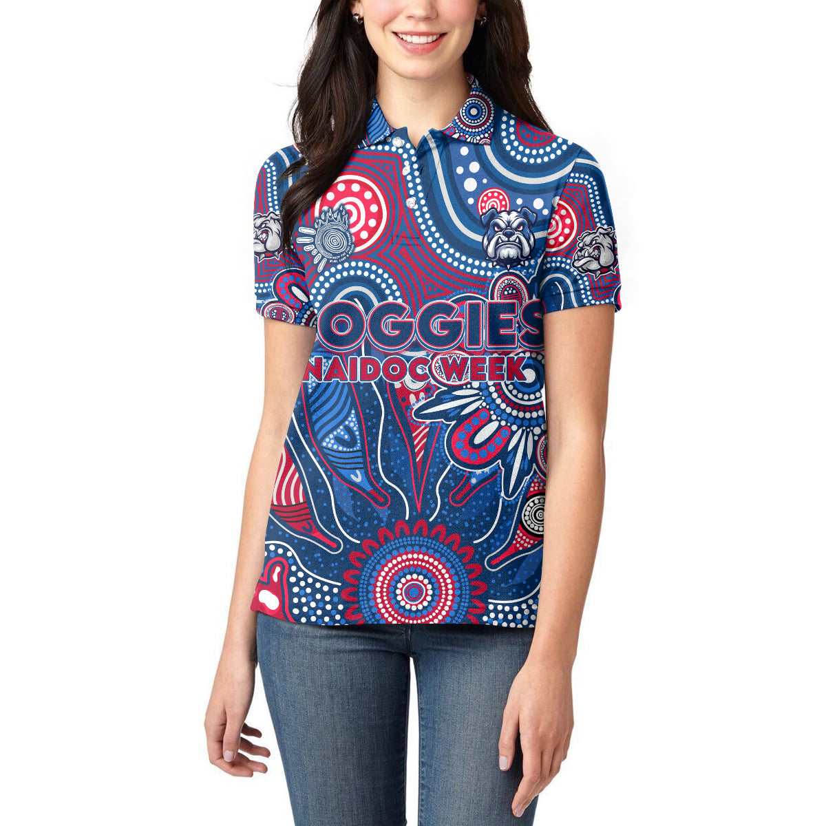 Personalised Bulldogs NAIDOC Week 2024 Women Polo Shirt Aussie Aboriginal Art