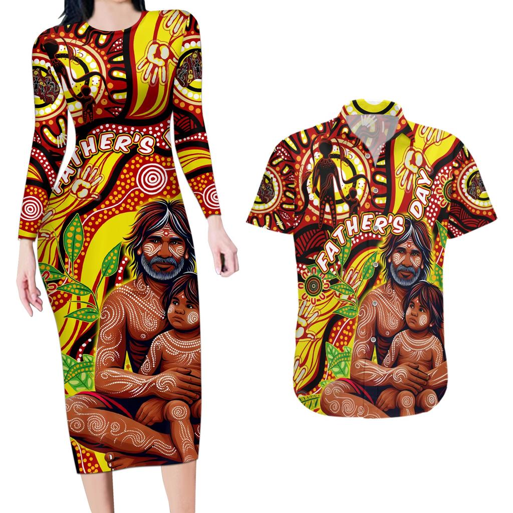Custom Australia Father's Day Couples Matching Long Sleeve Bodycon Dress and Hawaiian Shirt Aboriginal Father and Son