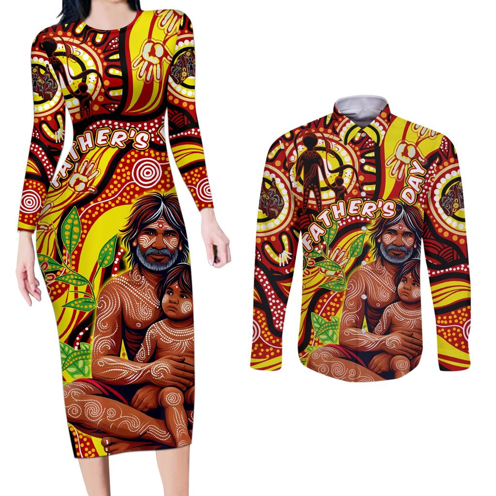 Custom Australia Father's Day Couples Matching Long Sleeve Bodycon Dress and Long Sleeve Button Shirt Aboriginal Father and Son