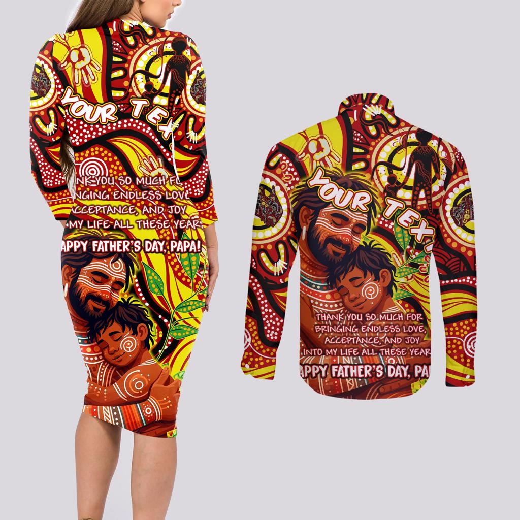 Custom Australia Father's Day Couples Matching Long Sleeve Bodycon Dress and Long Sleeve Button Shirt Aboriginal Father and Son