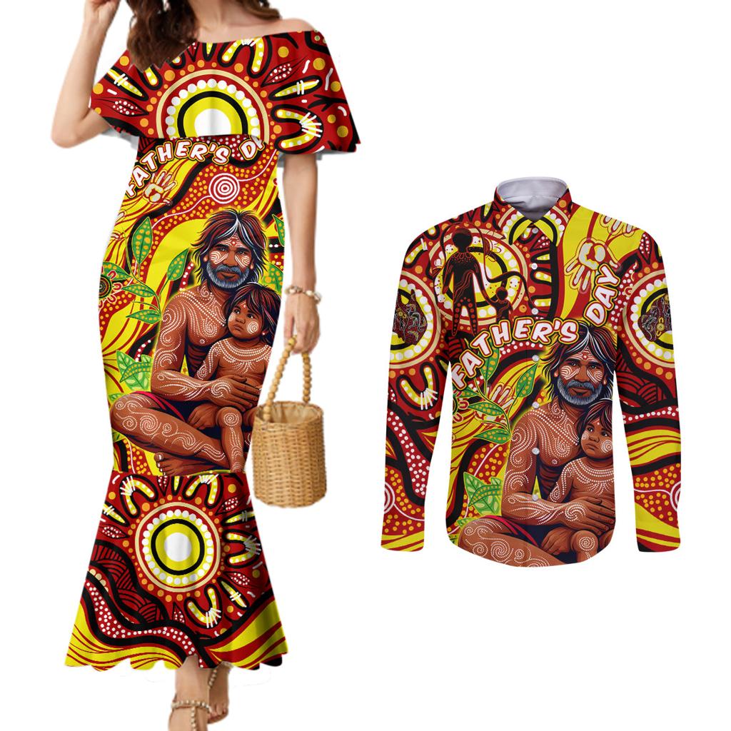 Custom Australia Father's Day Couples Matching Mermaid Dress and Long Sleeve Button Shirt Aboriginal Father and Son
