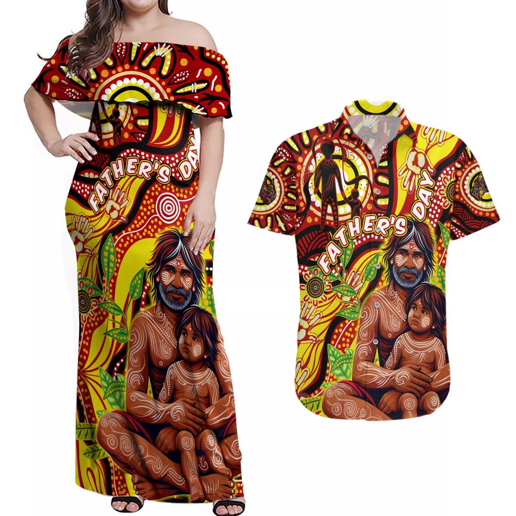 Custom Australia Father's Day Couples Matching Off Shoulder Maxi Dress and Hawaiian Shirt Aboriginal Father and Son