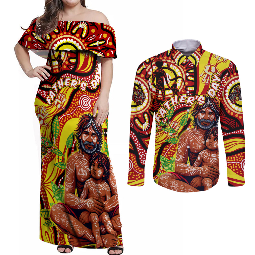 Custom Australia Father's Day Couples Matching Off Shoulder Maxi Dress and Long Sleeve Button Shirt Aboriginal Father and Son