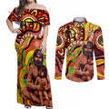 Custom Australia Father's Day Couples Matching Off Shoulder Maxi Dress and Long Sleeve Button Shirt Aboriginal Father and Son