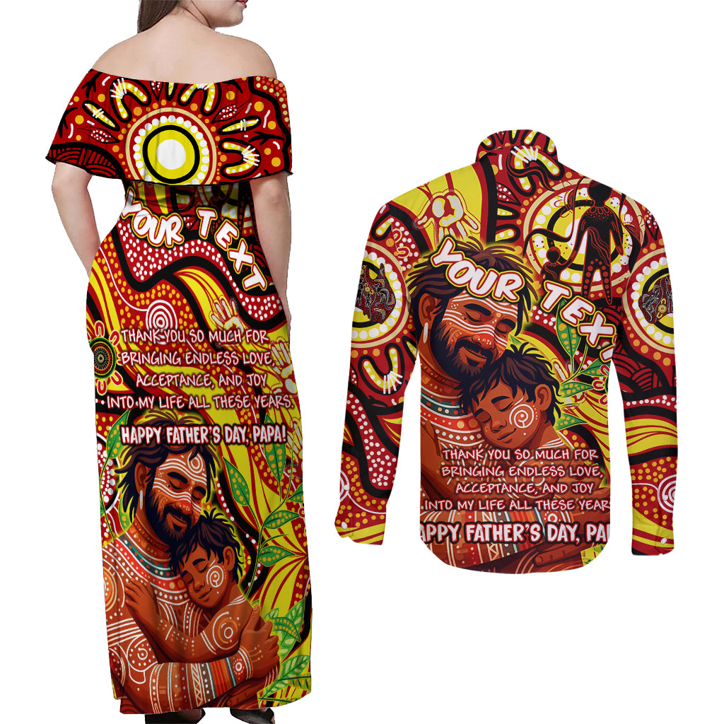 Custom Australia Father's Day Couples Matching Off Shoulder Maxi Dress and Long Sleeve Button Shirt Aboriginal Father and Son