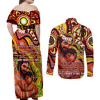 Custom Australia Father's Day Couples Matching Off Shoulder Maxi Dress and Long Sleeve Button Shirt Aboriginal Father and Son