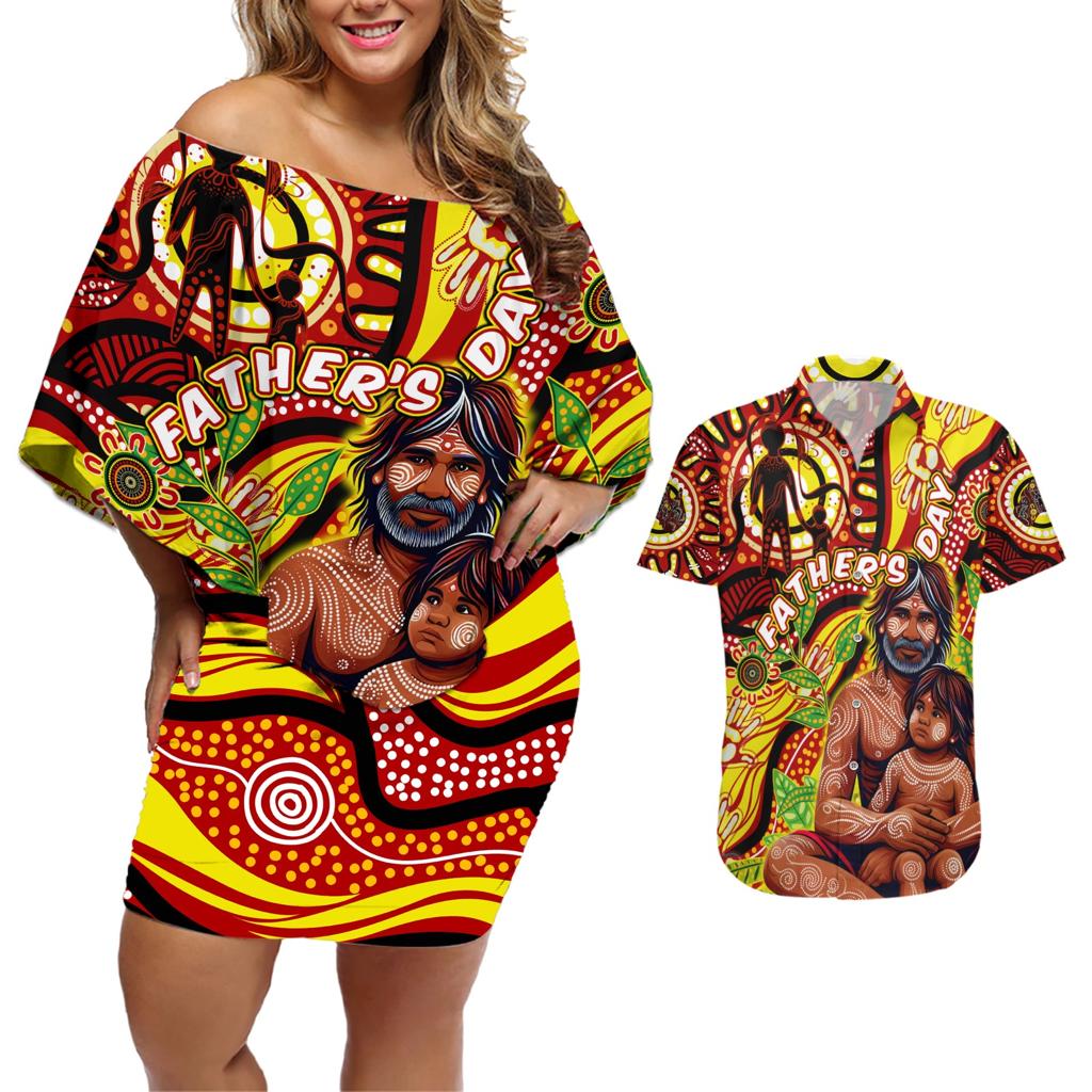 Custom Australia Father's Day Couples Matching Off Shoulder Short Dress and Hawaiian Shirt Aboriginal Father and Son